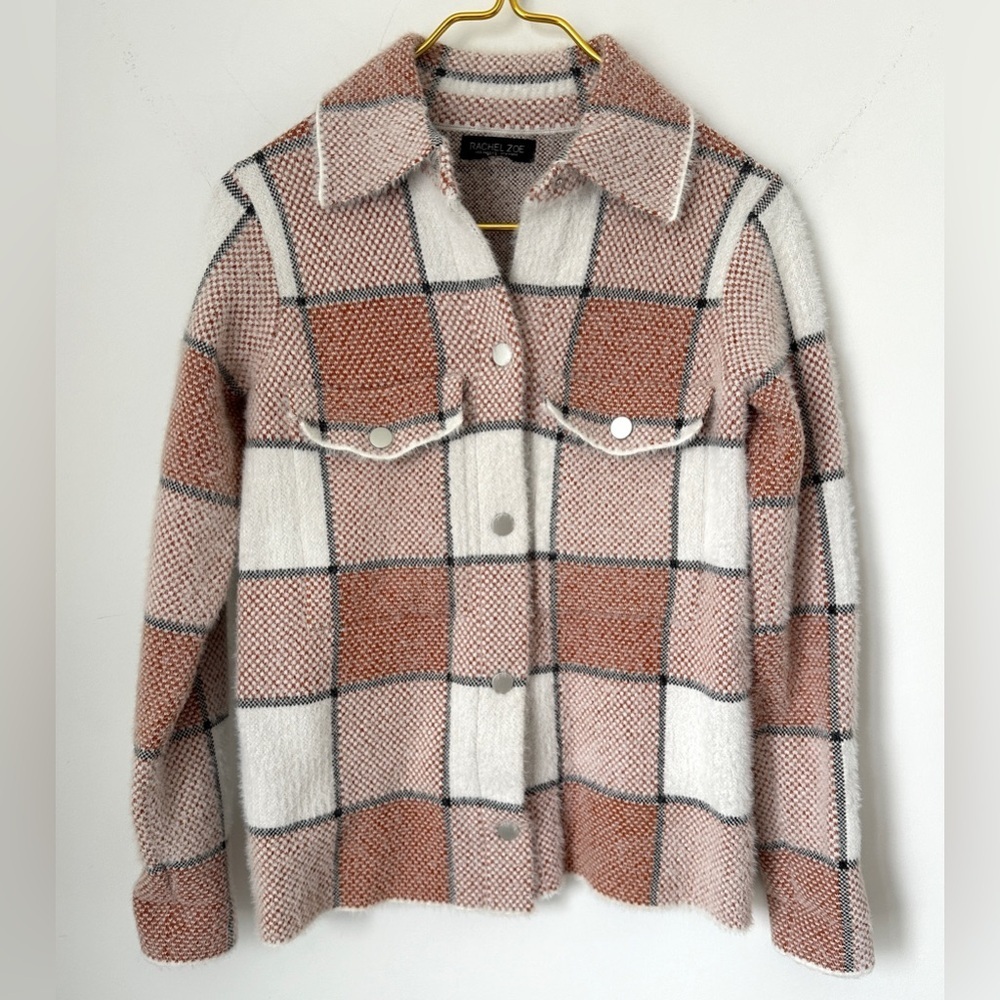Rachel Zoe Brown White Plaid Fuzzy Cozy Snap Front Shacket Jacket Women’s XS